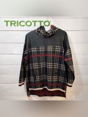 TRICOTTO Black Plaid Hooded Tunic Sweater – Burgundy Accents – Size L